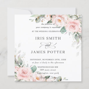 Convites Praça de Casamento Verde Floral Rosa-Blush Luxe