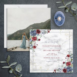 Convites Praça de Fotos Floral Dourada da Borgonha Azul Azu<br><div class="desc">Crie o convite perfeito para o casamento com este moderno convite para o casamento quadrado, modesto, design, com azul empoeirado e burgundy marsala greenery watercolor design floral, e um fundo de mármore falso carrera, com tipografia escrita escrita à mão e pó de ouro falso. A parte traseira da placa apresenta...</div>