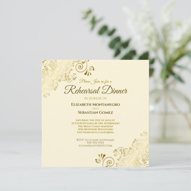 Convites Praça de Janto de Casamento de Creme Dourado Elega (Em pé/Frente)