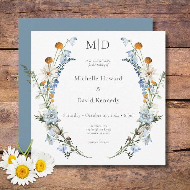 Convites Praça Rustic Dusty Blue Selvagens e Disies (Rustic Dusty Blue Wildflowers & Daisies Square Wedding Invitation)