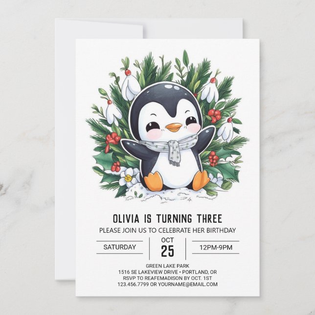 Convites Pradaria Digital do Pastel Snow Penguin (Frente)