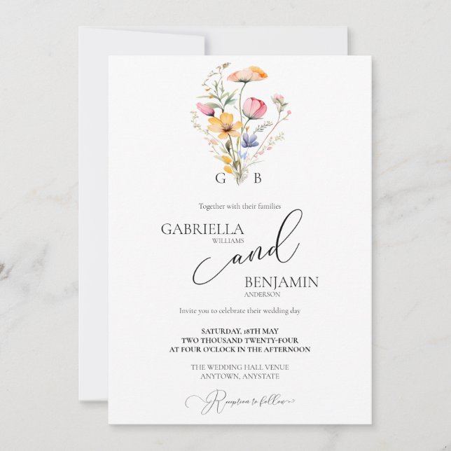 Convites Prado de Flores Silvestres Aquarela Casamento Boho (Frente)