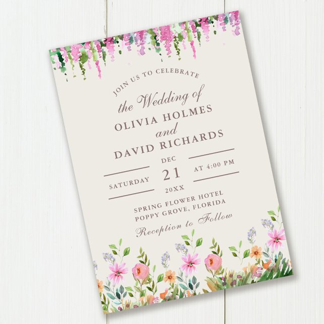 Convites Prado de Flores Silvestres Boho e Casamento Acácia (Boho Wildflower Meadow and Acacia Wedding Invitation on wooden table.)