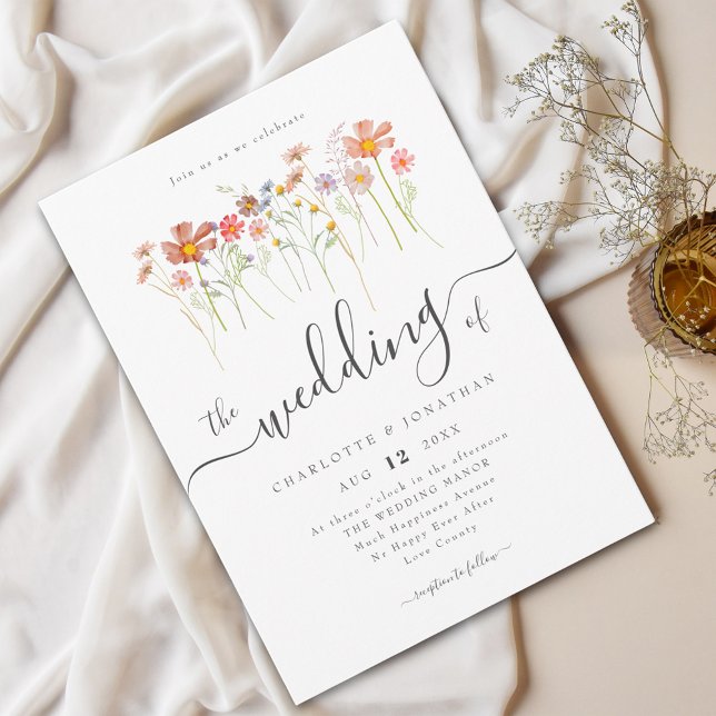 Convites Prado de Flores Silvestres Caligrafia Elegante (Boho wildflower meadow elegant script wedding invitation Watercolor flowers fall colors)