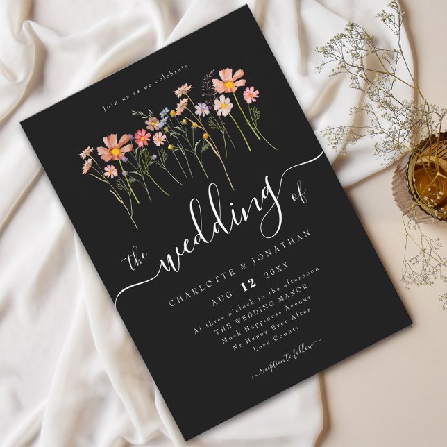 Convites Prado de Flores Silvestres Caligrafia Elegante Pre (Wildflower meadow boho floral black and white Wedding invitation Modern elegant script fall colors)