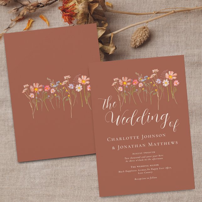 Convites Prado de Flores Silvestres Caligrafia Elegante Ter (Wildflower meadow boho floral terracotta fall colors wedding invitation elegant script watercolor)