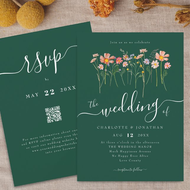 Convites Prado de Flores Silvestres Elegante Código QR Verd (Wildflower meadow boho floral green Wedding qr code invitation Elegant script watercolor fall colors)