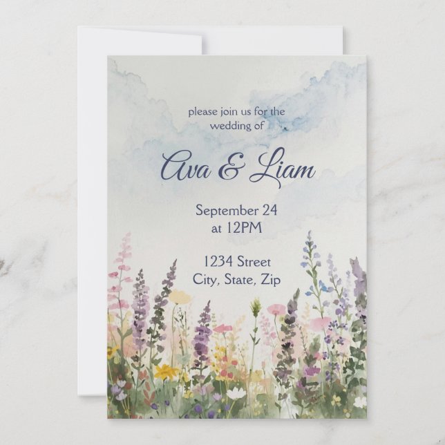 Convites Prado de Flores Silvestres em Aquarela | Casamento (Frente)