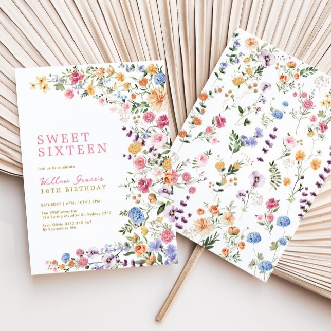 Convites Prado de Flores Silvestres em Aquarela Sweet 16 (Criador carregado)