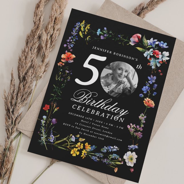 Convites Prado de Flores Silvestres Foto 50º Aniversário Pr (Wildflower Meadow Photo 50th Birthday Black Invitation)