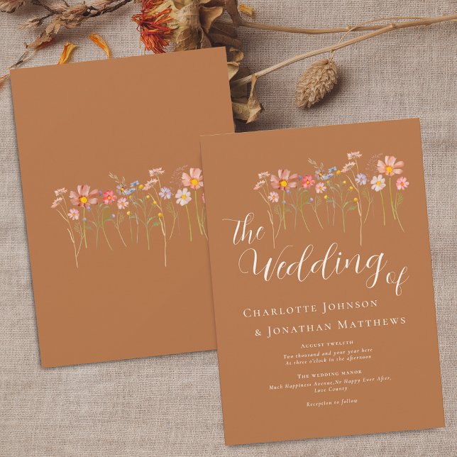 Convites Prado de Flores Silvestres Letra Elegante Açúcar M (Wildflower meadow boho floral brown sugar beige fall Wedding invitation Elegant script watercolor)