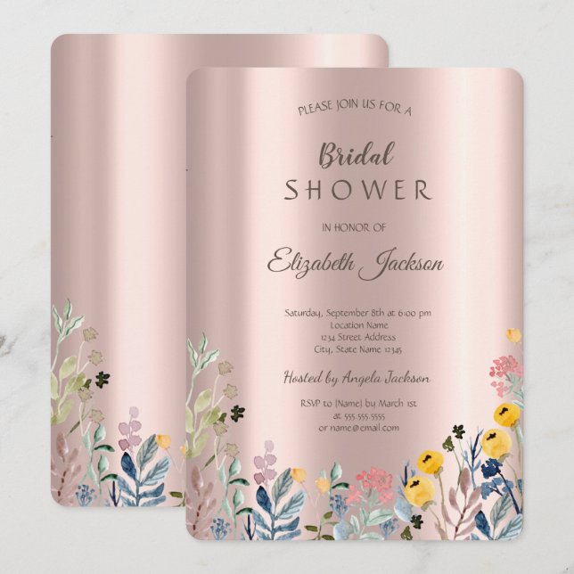 Convites Prado de Flores Silvestres Rosa Dourado Chá de Beb (Frente/Verso)