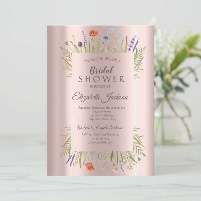 Convites Prado de Flores Silvestres Rosa Dourado Chá de Beb (Em pé/Frente)