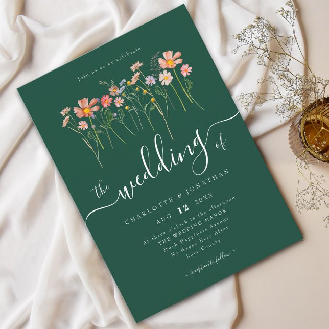 Convites Prado de Flores Silvestres Roteiro Elegante Verde (Wildflower meadow boho floral green fall Wedding Watercolor flowers fall colors elegant script)