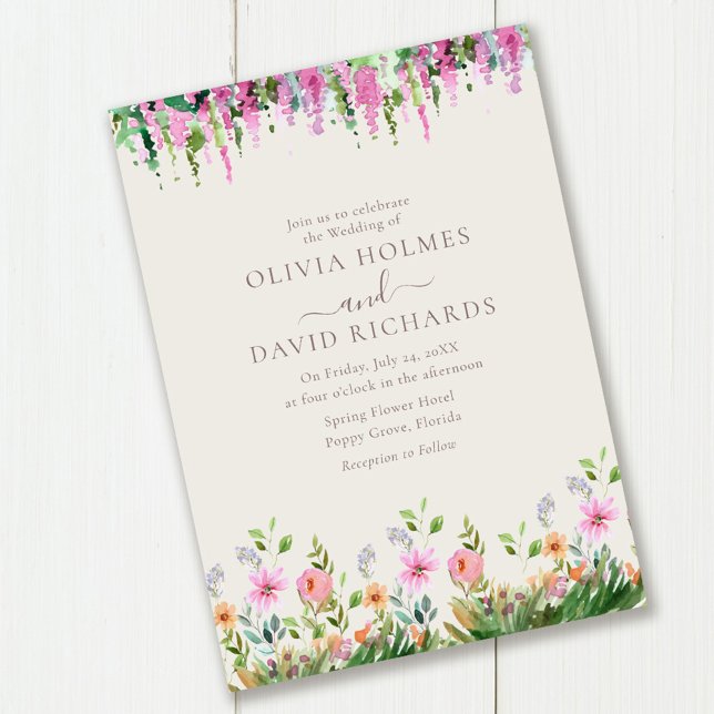 Convites Prados Românticos de Flores Selvagens com Casament (Romantic Wildflowers Meadow with Acacia Wedding Invitation on wooden table.)