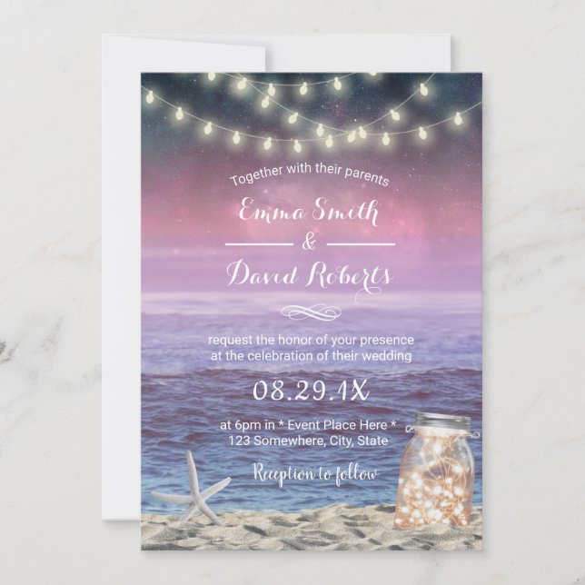 Convites Praia Casamento Starfish String Luzes Mason Jar (Frente)
