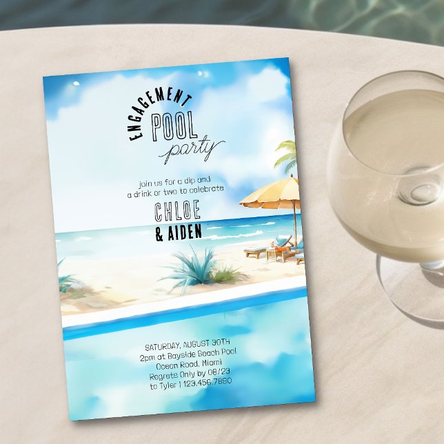 Convites Praia de Aquarela da Parte Piscina do noivado (Pool Party Invitation with watercolor beach view - easy to customize for engagement, anniversary etc)