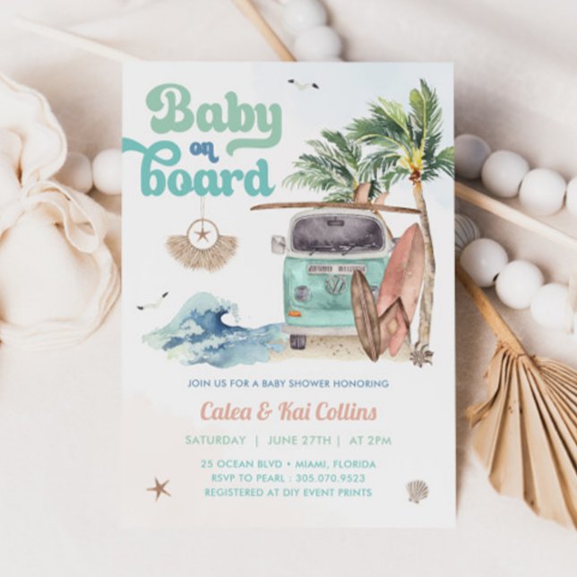 Convites Praia de Surfe Retro Bebê a Bordo Chá de Bebê (Criador carregado)