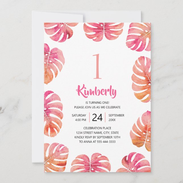 Convites Praia de Verão Rosa-Rosa do Partido do primeiro an (Frente)