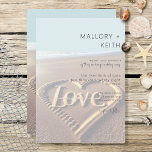 Convites Praia Moderna com Casamento de Estilo de Vela do C<br><div class="desc">Esta design apresenta um coração único com a palavra amor gravada na areia de uma praia com a maré suave e o céu azul ao fundo. A frente tem uma aparência de velum. Tão único! É parte da Praia Moderna com a Suíte de Casamento Cardíaco criada pela Imprensa Simplesmente Farmhouse....</div>