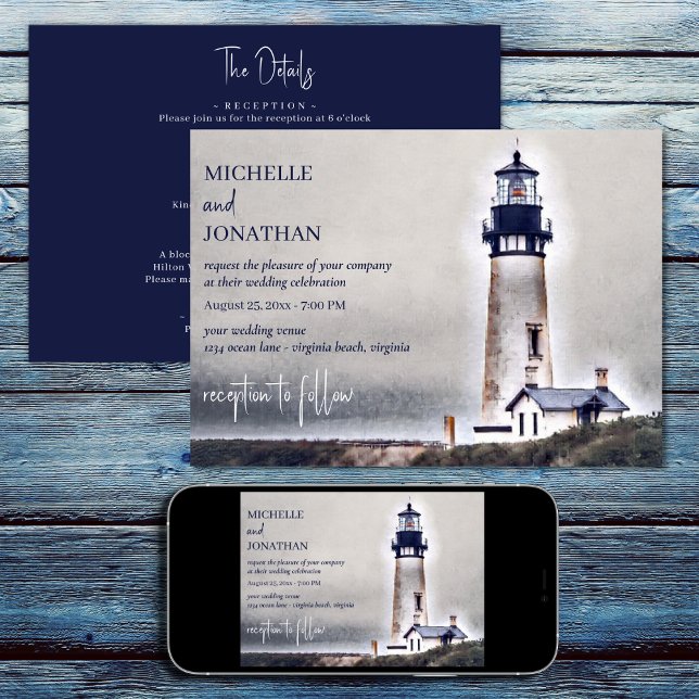 Convites Praia Náutica do Farol - Tudo em Um Casamento (Printed (Front and Back) and Digital - Lighthouse Nautical Beach All in One Wedding Invitation)