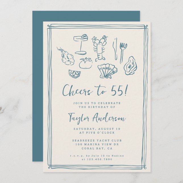 Convites Praia Náutica Funk Desenhada à Mão - 55.o Aniversá (Frente/Verso)