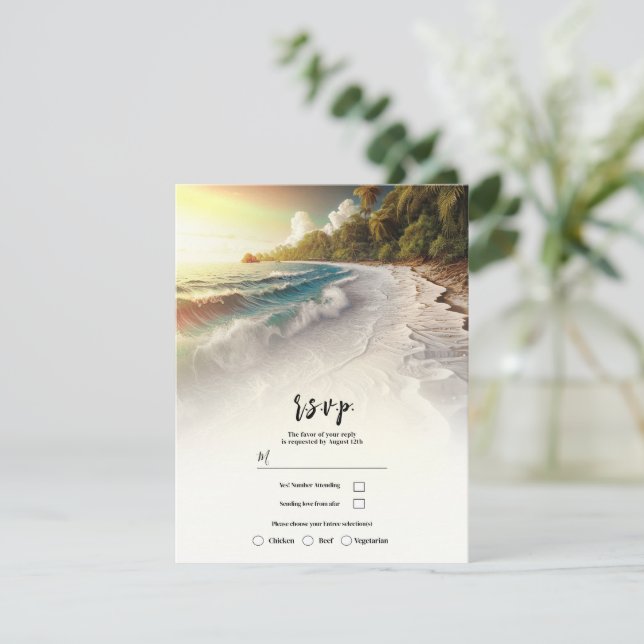 Convites Praia Paradisíaca Pôr do Sol Casamento Rústico à B (Em pé/Frente)
