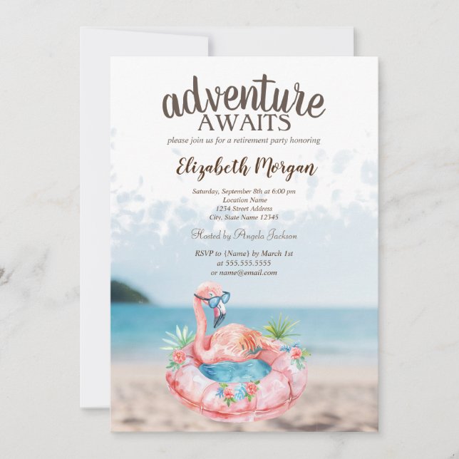 Convites Praia Pink Flamingos Retirement Party (Frente)