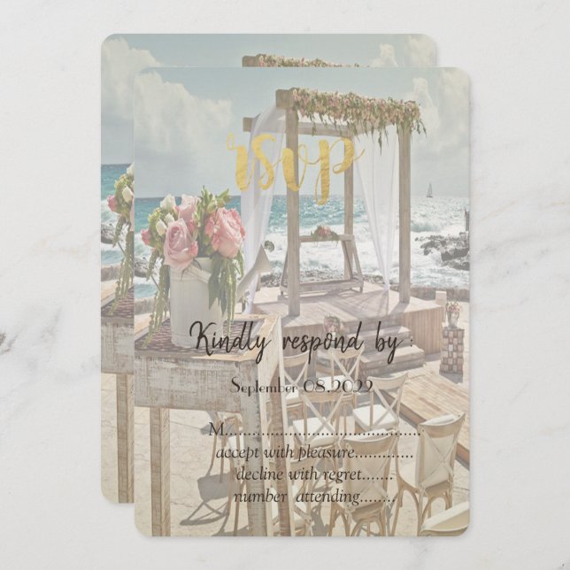 Convites Praia Retro Wedding Arch Floral RSVP (Frente/Verso)