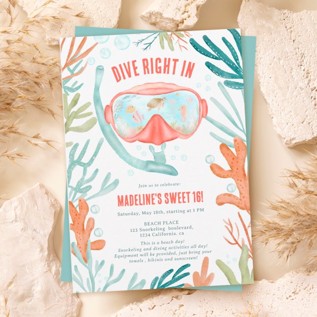 Convites Praia Scuba mergulhando aquarela vida marinha Swee (Beach Scuba diving watercolor sea life Sweet 16 Invitation)