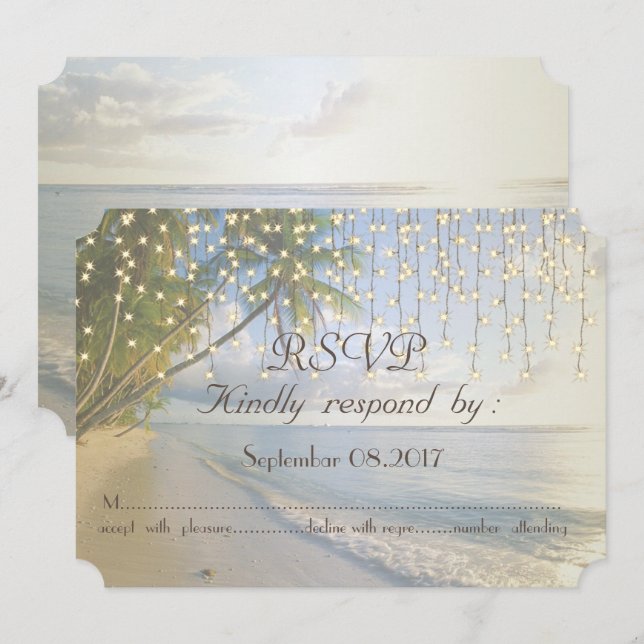 Convites Praia Tropical,Palmeira,Luzes de Corda  RSVP (Frente/Verso)