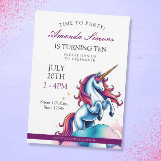 Convites Prancing Unicorn Sparkle Girl 10th Birthday