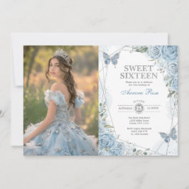 Convites Prata Azul Suave 16 Borboleta Foto de Aniversário