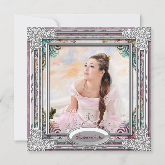 Convites Prata Azul Teal Rosa Coral Foto Quinceanera (Frente)