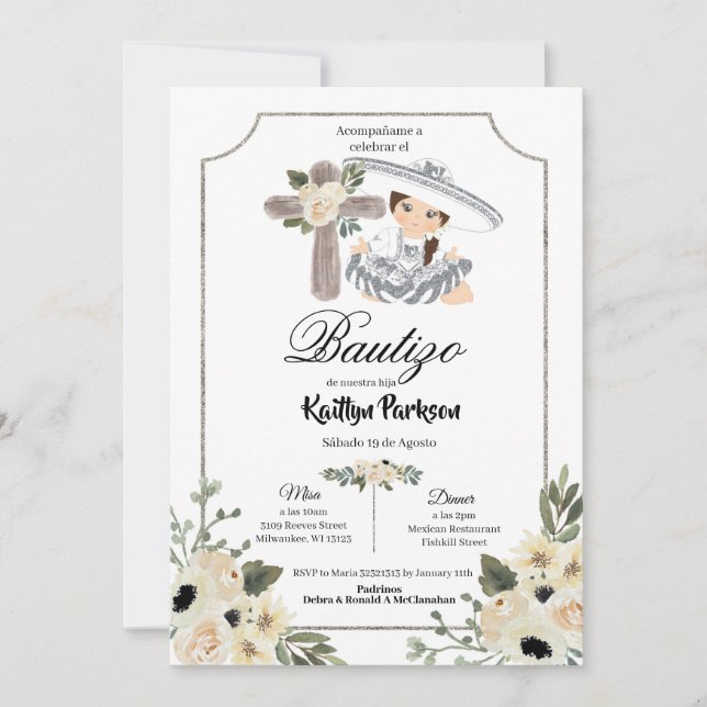 Convites Prata branca mexicana Charra Gir Bautizo Invitació (Frente)