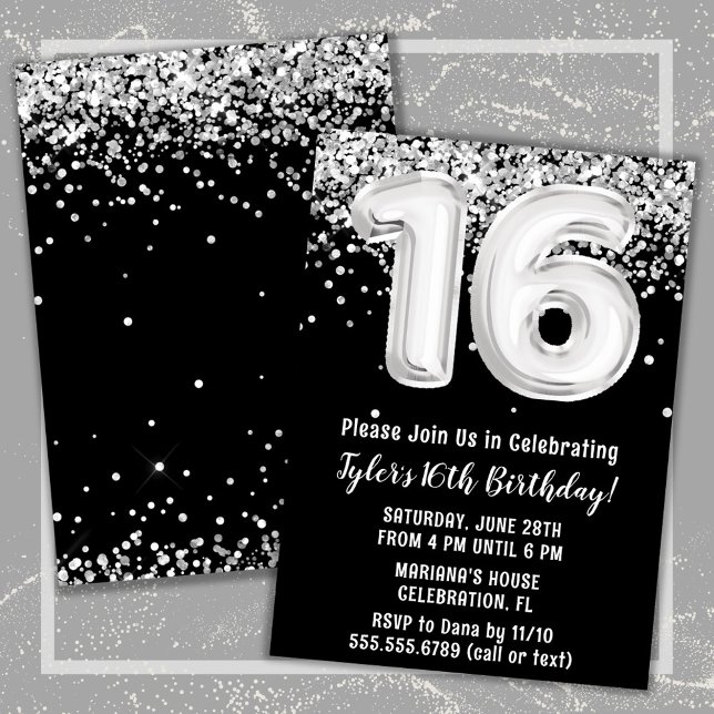 Convites Prata branca preta 16.a Festa de aniversário (Black and White 16th Birthday Party Invitation)
