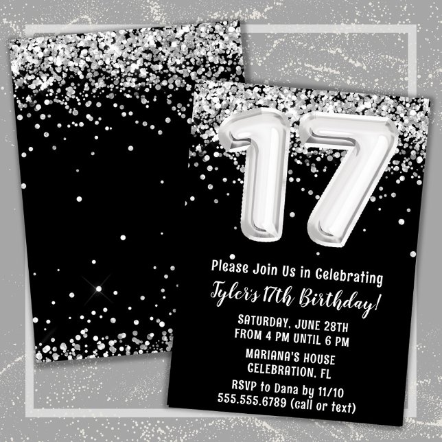 Convites Prata branca preta 17.a Festa de aniversário (Black and White 17th Birthday Party Invitation)