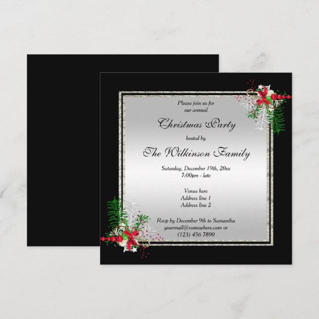 Convites Prata brilhante e preto, decoração do canto Natal (Frente/Verso)