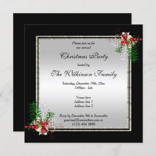 Convites Prata brilhante e preto, decorações de canto, Nata