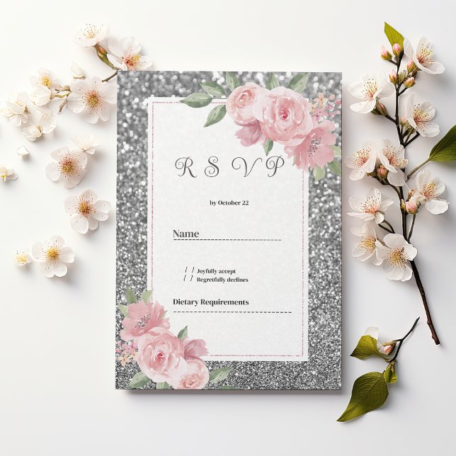 Convites Prata brilhante glitter rosa floral RSVP  (Silver sparkly glitter pink floral RSVP)