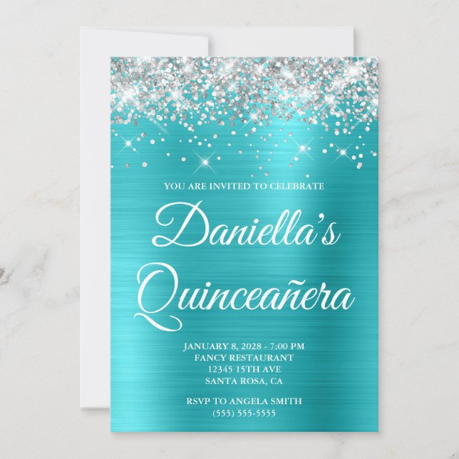Convites Prata Brilho Azul Turquesa Folha Quinceañera (Frente)