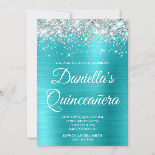 Convites Prata Brilho Azul Turquesa Folha Quinceañera