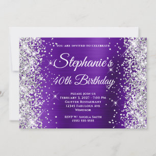 Convites Prata Brilho Índigo Roxo Chique 40º Aniversário