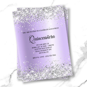 Convites Prata Brilho Lavanda Cetim Folha Quinceanera