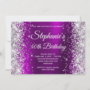 Convites Prata Brilho Magenta Roxo Chique 40º Aniversário