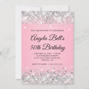 Convites Prata Brilho Rosa Fantasia Monograma 50º Aniversár