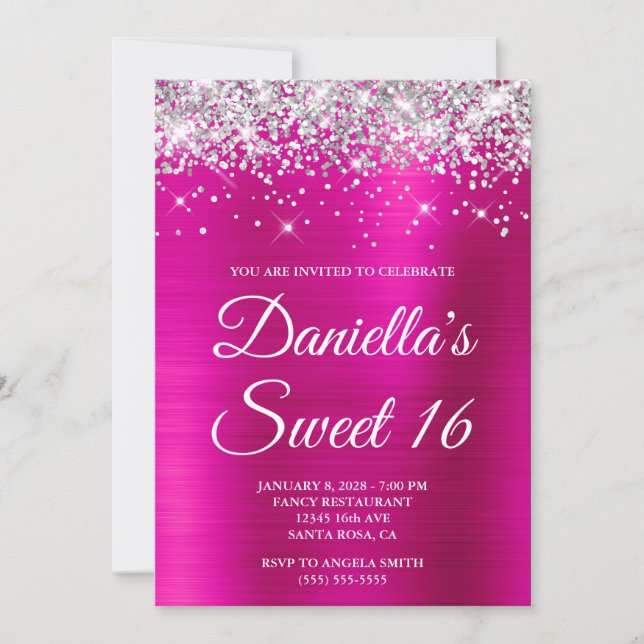 Convites Prata Brilho Rosa Quente Foil Sweet 16 (Frente)