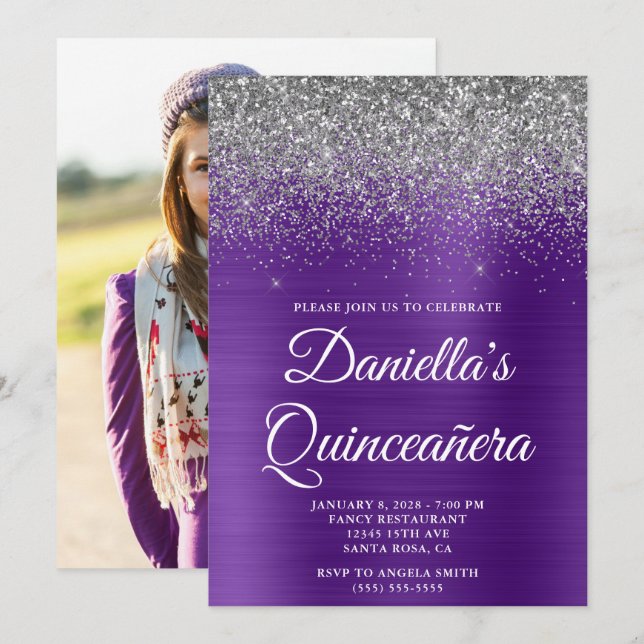 Convites Prata Brilho Roxo Real Foto Quinceañera (Frente/Verso)