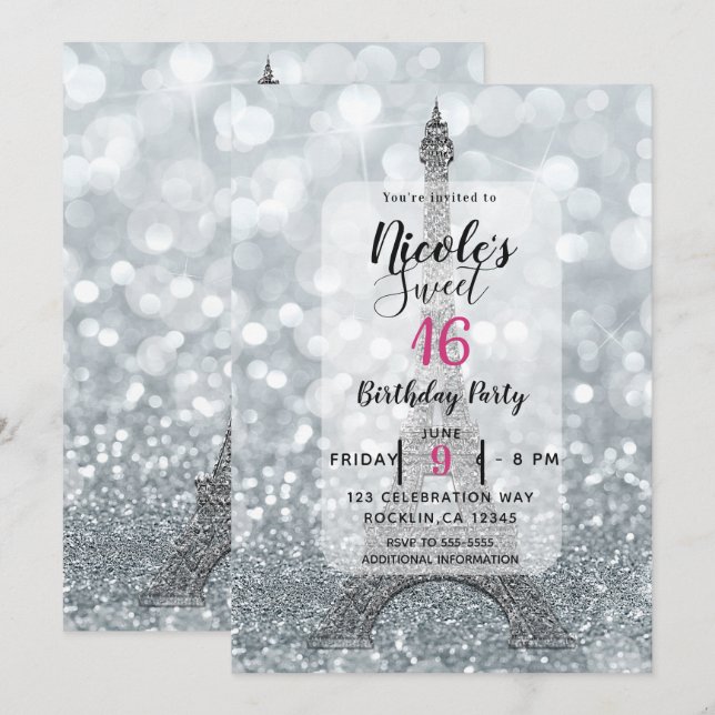Convites Prata Brilho Sparkle Bling Torre Eiffel Festa (Frente/Verso)