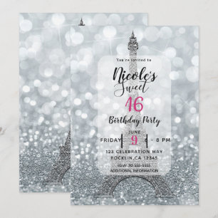 Convites Prata Brilho Sparkle Bling Torre Eiffel Festa